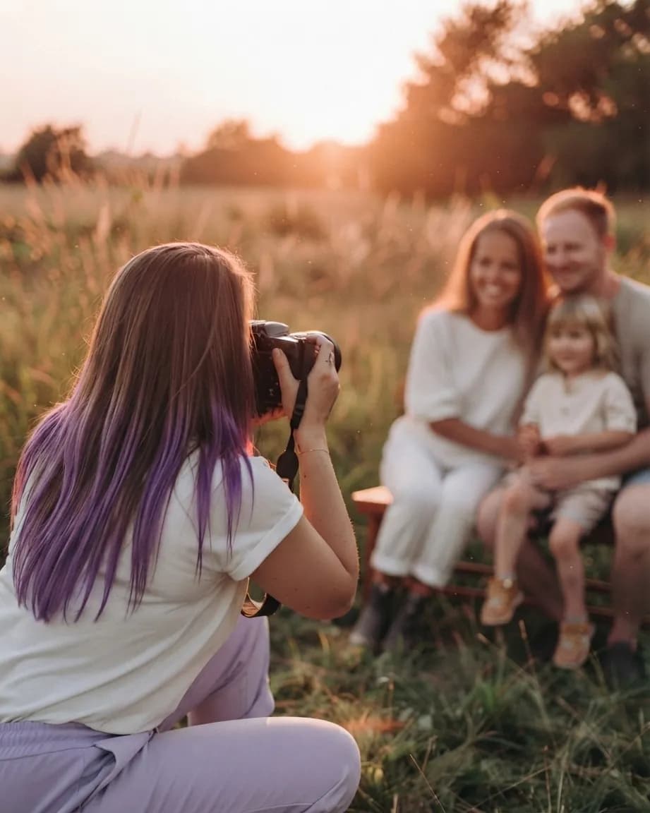 Giulia Zanella, accovacciata con la macchina fotografica, fotografa una famiglia seduta in un campo al tramonto